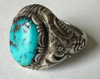 antique 800 silver turquoise floral scrollwork ring, size 7-ish
