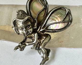 vintage sterling and abalone pixie brooch