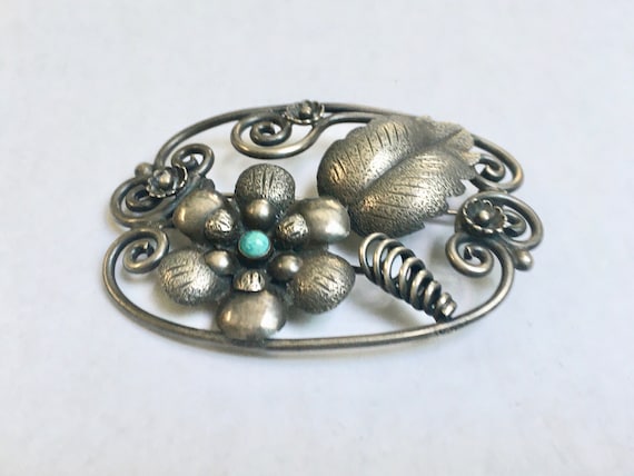 vintage sterling and turquoise Mexican flower bro… - image 3