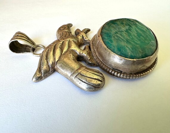 vintage Tibetan silver huge bird and amazonite pe… - image 5