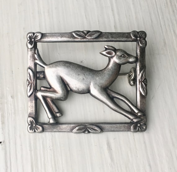 vintage sterling framed deer brooch - image 1