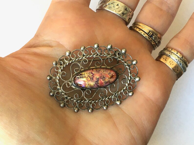 vintage foil opal Mexican sterling brooch