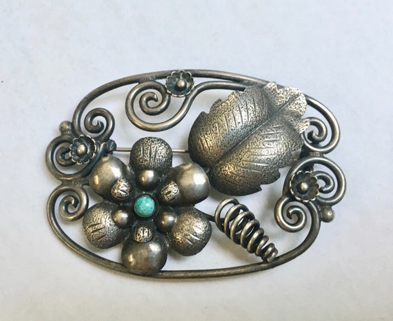 vintage sterling and turquoise Mexican flower bro… - image 4