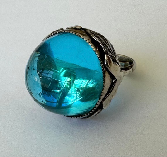 vintage sterling and blue glass dome ring with le… - image 3