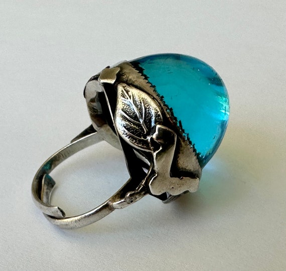 vintage sterling and blue glass dome ring with le… - image 4