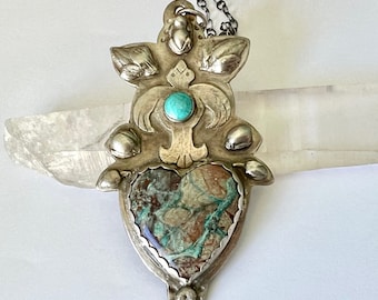 new huge pendant necklace, bird and frog, sterling