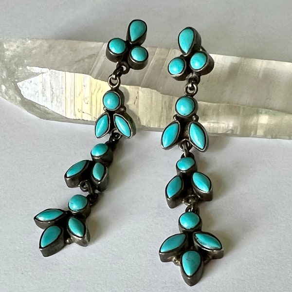 vintage very long dangle earrings, sterling and turquoise glass