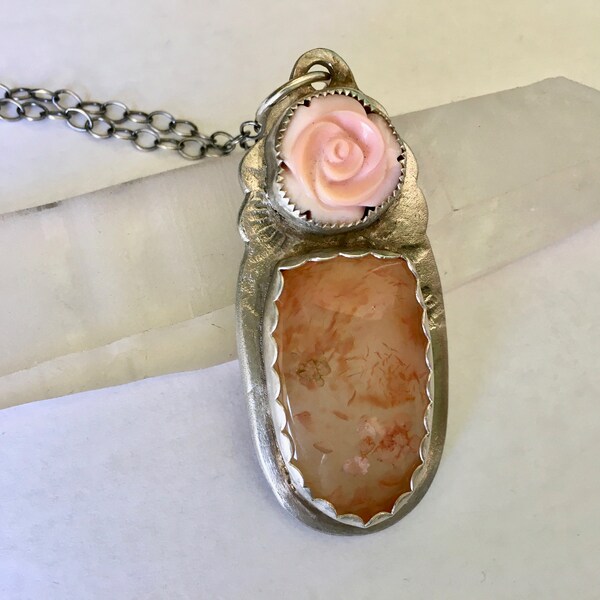 new pendant, carved shell and carnelian in sterling