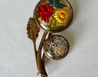 vintage gold tone goofus glass floral brooch