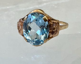 Bague vintage en or 10 carats avec motif floral en spinelle bleue, taille 6