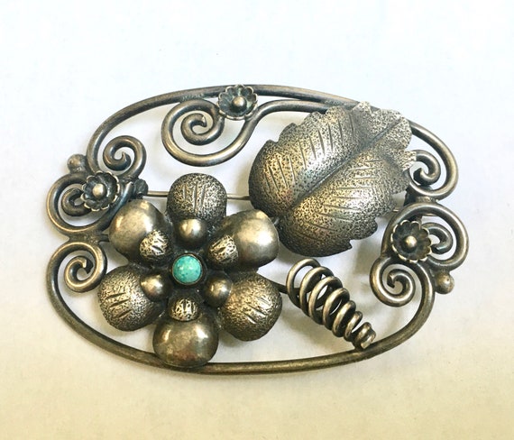 vintage sterling and turquoise Mexican flower bro… - image 2