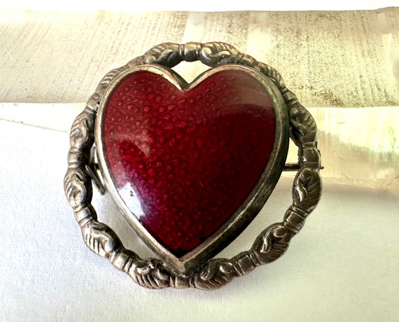 Edwardian sterling friendship heart brooch in red… - image 3
