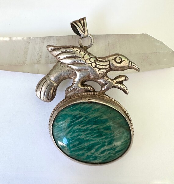 vintage Tibetan silver huge bird and amazonite pe… - image 4