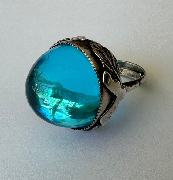 vintage sterling and blue glass dome ring with le… - image 7