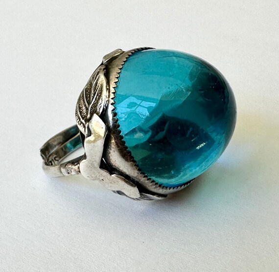vintage sterling and blue glass dome ring with le… - image 2