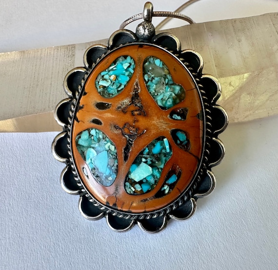 Colorful Vintage Native American Navajo Turquoise Walnut Inlay Sterling Silver Pendant Colorful Vintage Native American Navajo Turquoise Walnut Inlay Sterling Silver Pendant