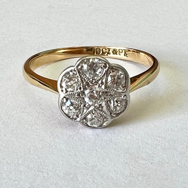 vintage 18k gold and platinum diamond star flower ring, size 5.25