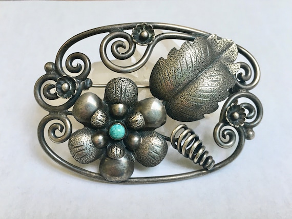 vintage sterling and turquoise Mexican flower bro… - image 1