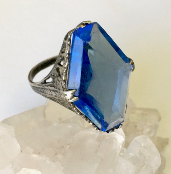 antique edwardian filigree blue glass ring, size 6