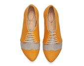 Yellow Pepita oxford shoes, Polly Jean flat leather womens shoes