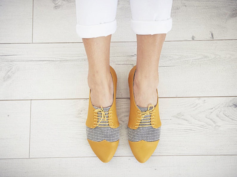Yellow Pepita Oxford Shoes Polly Jean Flat Leather Womens Etsy