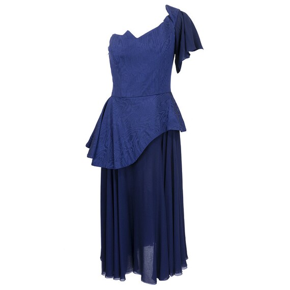 LANVIN 80s Blue Faille and Chiffon One-Shoulder D… - image 1