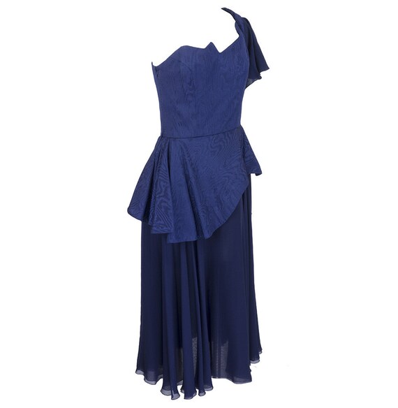 LANVIN 80s Blue Faille and Chiffon One-Shoulder D… - image 2