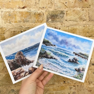 Lot de 2 impressions d'art paysage marin, 18 x 14,7 cm, petite impression d'art, impression carte postale bord de mer, art vagues de la mer, impression d'art vagues de l'océan, art déco, plage