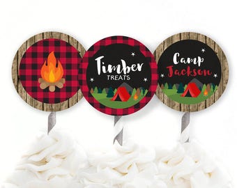 Camping Toppers, Custom Cupcake Toppers, Camping Party Decor, Boy's Birthday, Lumberjack Birthday, Rustic Party Decor, Party Printables, #73