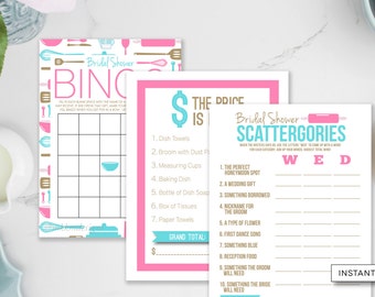 Kitchen Shower Games, 3 Pack Games, Bridal Bingo, Scattergories, Price Is Right, Stock The Kitchen, INSTANT DOWNLOAD, Pink Gold Teal,#20