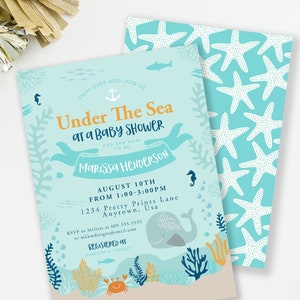 Under The Sea Invitation, Beach Baby Shower, Nautical Shower Invitation, Ocean Shower Invite, Starfish Baby Shower, Couples Baby Shower image 2