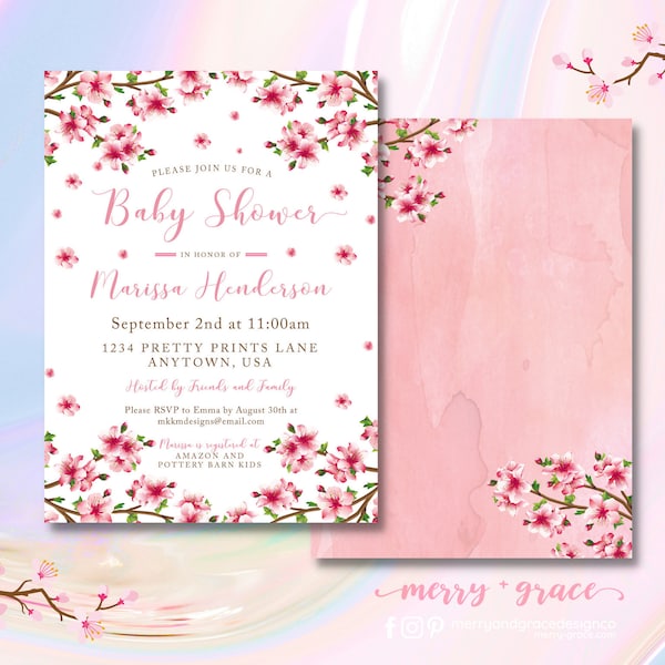 Cherry Blossom Invite, Cherry Blossom Baby Shower, Baby Shower Invitation, Sakura Shower, Girl Baby Shower, Baby Sprinkle, Floral Invite