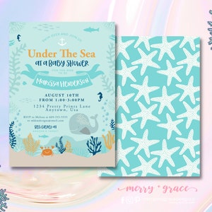 Under The Sea Invitation, Beach Baby Shower, Nautical Shower Invitation, Ocean Shower Invite, Starfish Baby Shower, Couples Baby Shower image 1