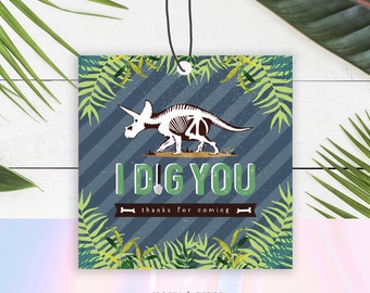 Étiquettes de faveur de dinosaure, étiquettes I Dig You, étiquettes de remerciement, décor de fête de dinosaure, étiquette cadeau de dinosaure, fête paléontologue, étiquettes de fête Triceratops