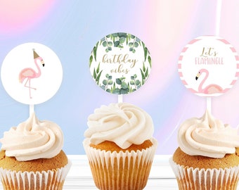 Flamingo Cupcake Toppers, Flamingo Birthday, Birthday Vibes, Flamingo Party Decor, Girl Birthday Decor, Luau Party Decor, Botanical,DOWNLOAD