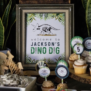 Dino Dig Sign, Dinosaur Party, Dino Welcome Sign, Boy Birthday Decor, Triceratops Sign, Paleontologist Party, Welcome Sign, Birthday Poster image 1