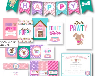 Puppy Party Kit, Girl's Puppy Birthday, INSTANT DOWNLOAD, Girl Birthday Decor, Dog Party Decor, Adopt A Puppy,  Pink Puppy Birthday, #48