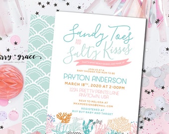 Orteils de sable &Salty Kisses Plage Baby Shower Invitation, Sous la mer, Douche de récif de corail, Douche nautique, Coquillage de mer Invite, Fille Baby Shower