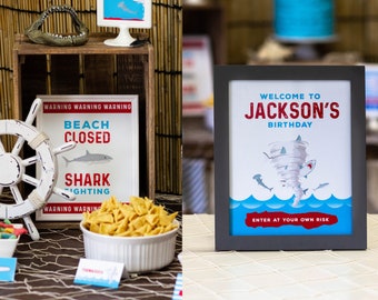 Shark Welcome Signs, Shark Party Decor, Sharknado Inspired Birthday, Pool Party Decor, Beach Closed Sign, Boys Birthday, #72-1