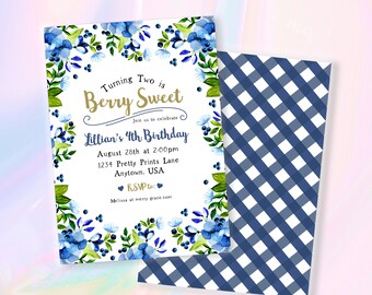 Blueberry Invitation, Blueberry Birthday, Girls Birthday, Farm Birthday Party, Berry Sweet Birthday, Blueberry Party, First Birthday Party