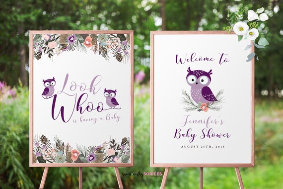 Owl Baby Shower Sign, Owl Welcome Sign, Baby Shower Decor, Rustic Shower Decor, Woodland Baby Shower, Owl Party Sign, Purple Owl Shower Il_570xn