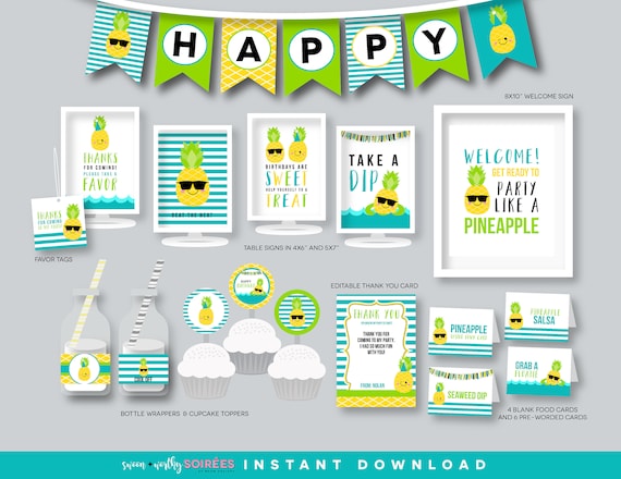 Pineapple Tropical Blue Yellow Hawaiian Banner Signs Cupcake Toppers etc. Favor Tags Matching Items Available