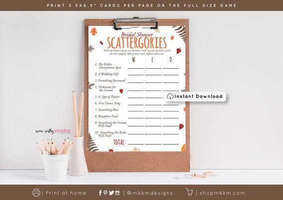 Bridal Shower Scattergories, Fall Bridal Shower Game, Rustic Bridal Shower, Couples Shower Game, Bridal Word Game, INSTANT DOWNLOAD Il_570xn