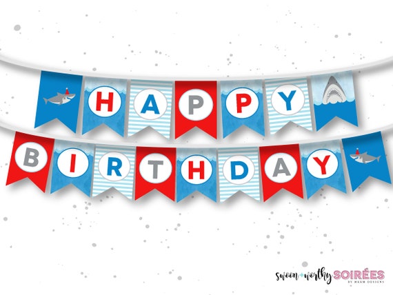 Shark Banner, Happy Birthday Banner, Shark Party Decor, Boys Birthday Decor, Shark Birthday, Shark Pool Party, Fintastic Birthday, DOWNLOAD Il_570xn