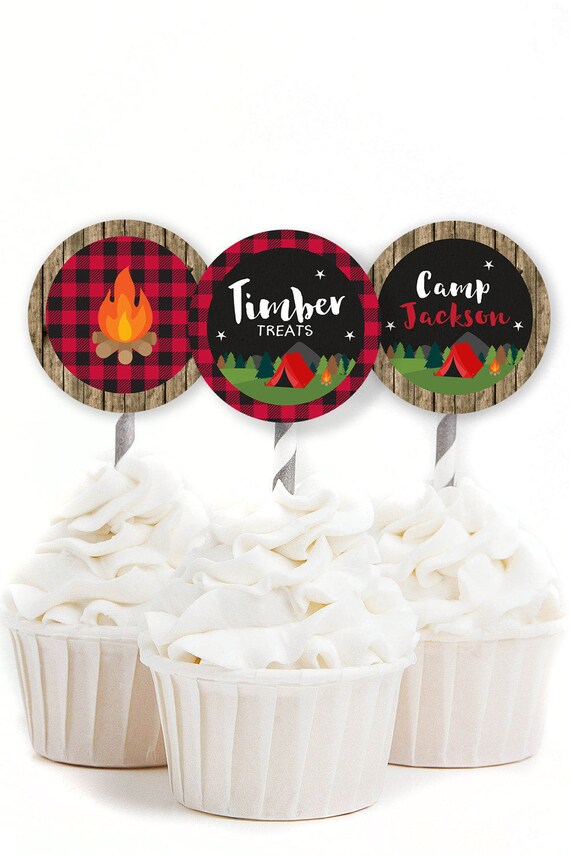 Camping Toppers, Custom Cupcake Toppers, Camping Party Decor, Boy's Birthday, Lumberjack ...