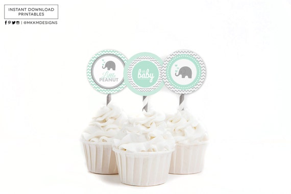 Elephant Baby Shower, Cupcake Toppers, Elephant Party Circles, Mint Baby Shower, Gender Neutral, INSTANT DOWNLOAD, Safari Party Decor #E1 Il_570xn