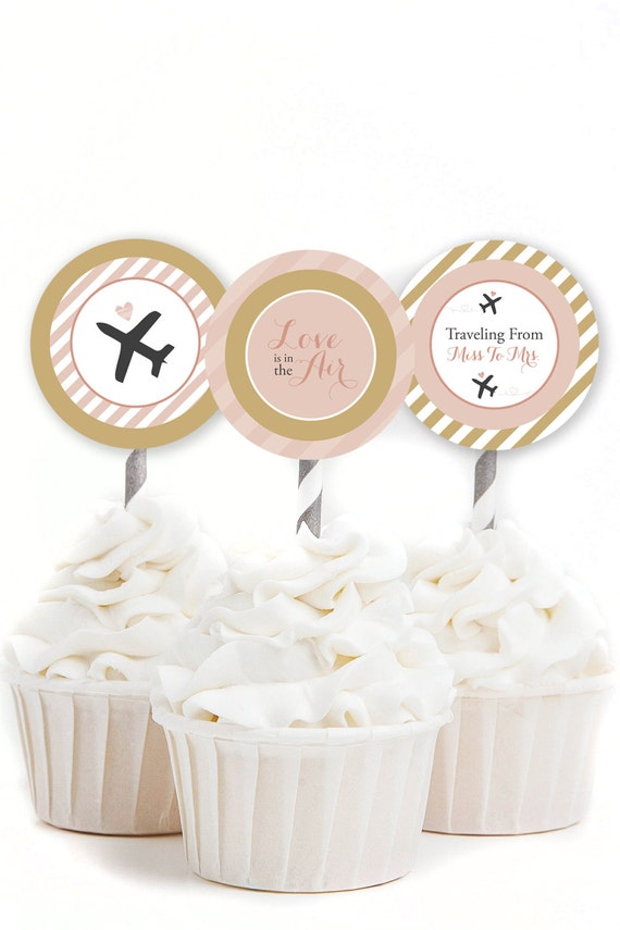 INSTANT Travel Bridal Shower Cupcake Toppers, Blush and Gold Cupcake Toppers, Love Is In The Air, Traveling From Miss To Mrs, #31 Il_570xn