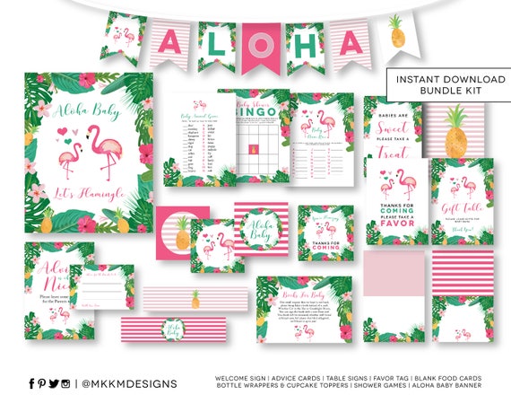 Flamingo Shower Kit, INSTANT DOWNLOAD, Flamingo Party Kit, Baby Shower Games, Flamingo Shower Decor, Luau Baby Shower, Pineapple Decor, #C2 Il_570xn