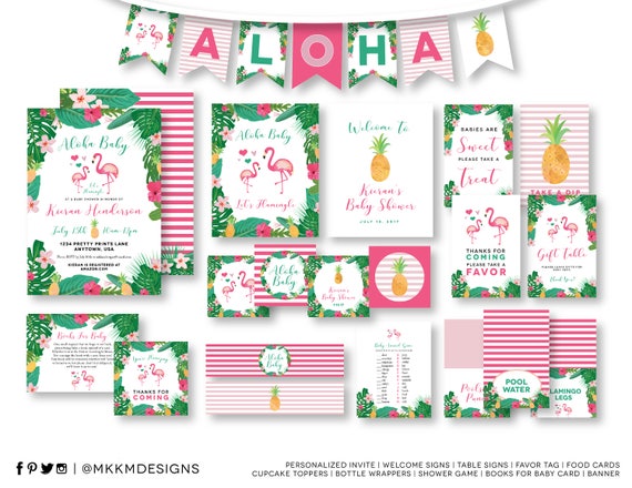 Flamingo Baby Shower Kit, Flamingo Invitation, Tropical Party Decor, Luau Shower, Pineapple Decor, Baby Shower Decor, Aloha Baby Shower, #C2 Il_570xn