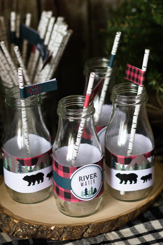 Lumberjack Bottle Wrappers, Lumberjack Birthday, Bear Straw Flags, River Water Wrapper, Woodland Birthday Decor, INSTANT DOWNLOAD, #46 Il_570xn